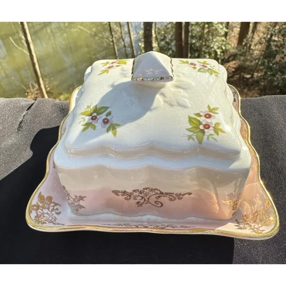 Old Foley James Kent Covered CHEESE or BUTTER DISH Floral w/ Gold Trim Square